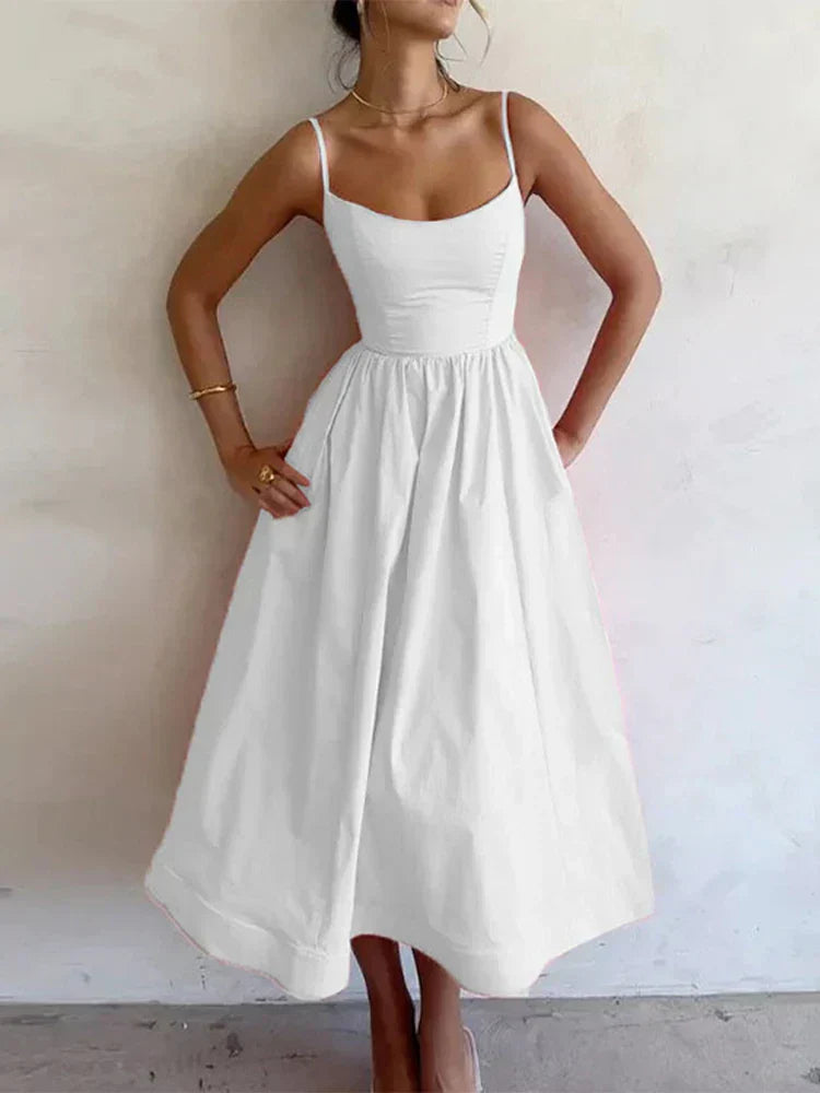 Sommerliche Damen A-Linien Midi-Kleid mit Spaghettiträgern – Elegant & Feminin