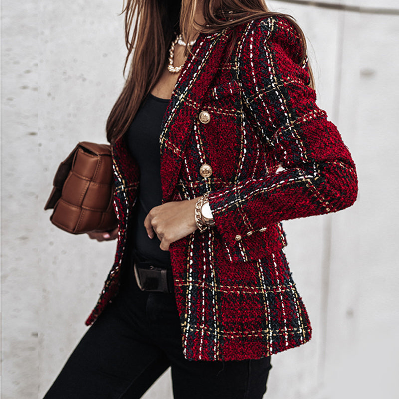 Eleganter Damen Blazer im Karo-Design – Modischer Tweed-Blazer mit doppelter Knopfleiste
