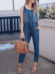 Heidi-Mode | Slim Ärmellos Taille Denim Jumpsuit