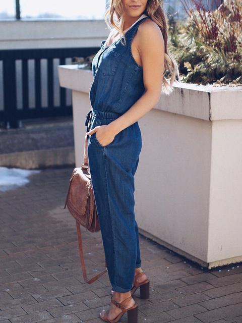 Heidi-Mode | Slim Ärmellos Taille Denim Jumpsuit