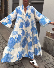 Maxikleid mit Print, Volantärmeln & Stehkragen – Stilvoll & Luftig