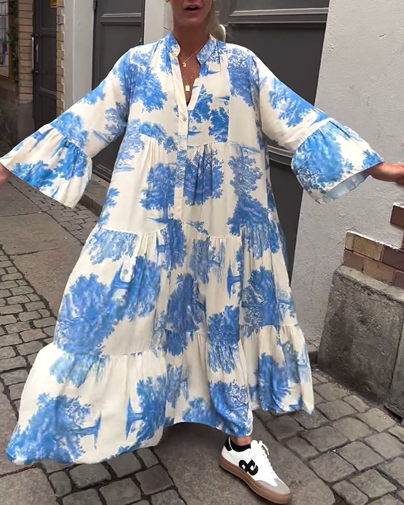 Maxikleid mit Print, Volantärmeln & Stehkragen – Stilvoll & Luftig