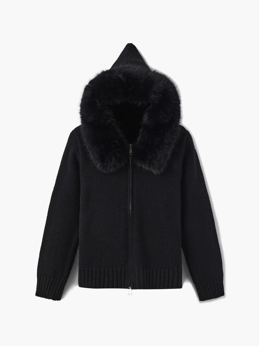 Damen Strickjacke Grau mit Kapuze und Kunstpelz – Warme Winterjacke