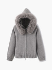 Damen Strickjacke Grau mit Kapuze und Kunstpelz – Warme Winterjacke