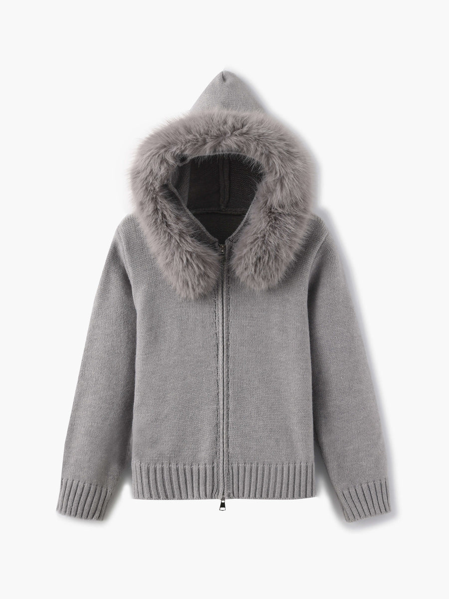 Damen Strickjacke Grau mit Kapuze und Kunstpelz – Warme Winterjacke