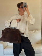 Große Damen Shopper Tasche – Strukturierte Schultertasche Wildleder/Leder