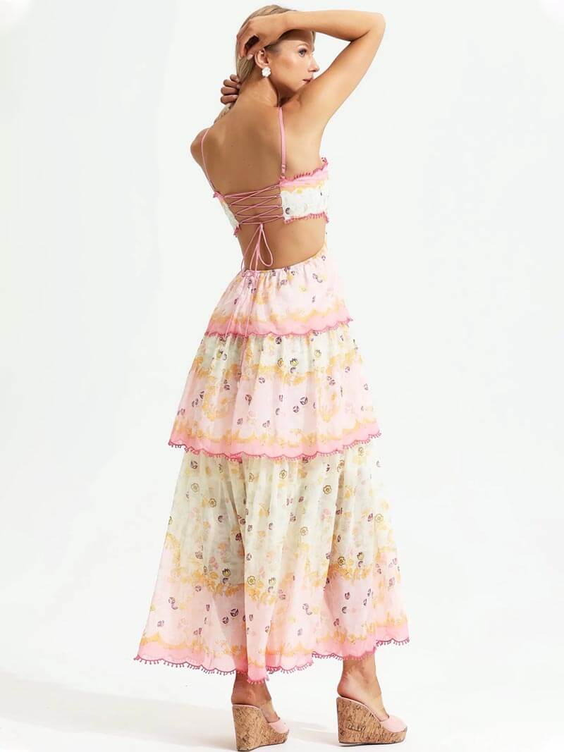 Odetta | Romantisches Blumen Maxikleid mit Zurück Spitzen-Details