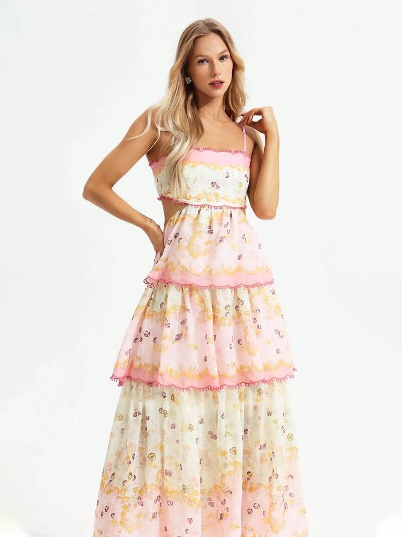 Odetta | Romantisches Blumen Maxikleid mit Zurück Spitzen-Details