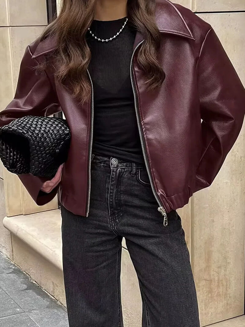 Damen Kunstlederjacke im Oversize-Look – Modische Übergangsjacke mit Reißverschluss