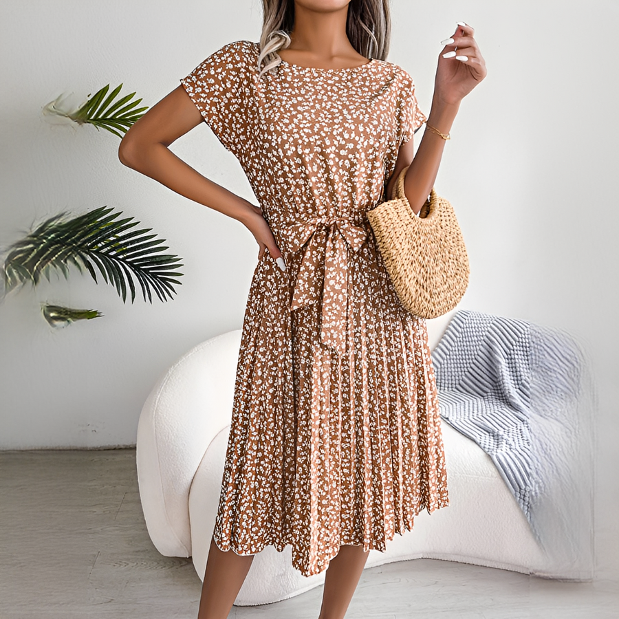 Sommerkleid Damen | Plissiertes Midi mit Bindegürtel & Blumenmuster