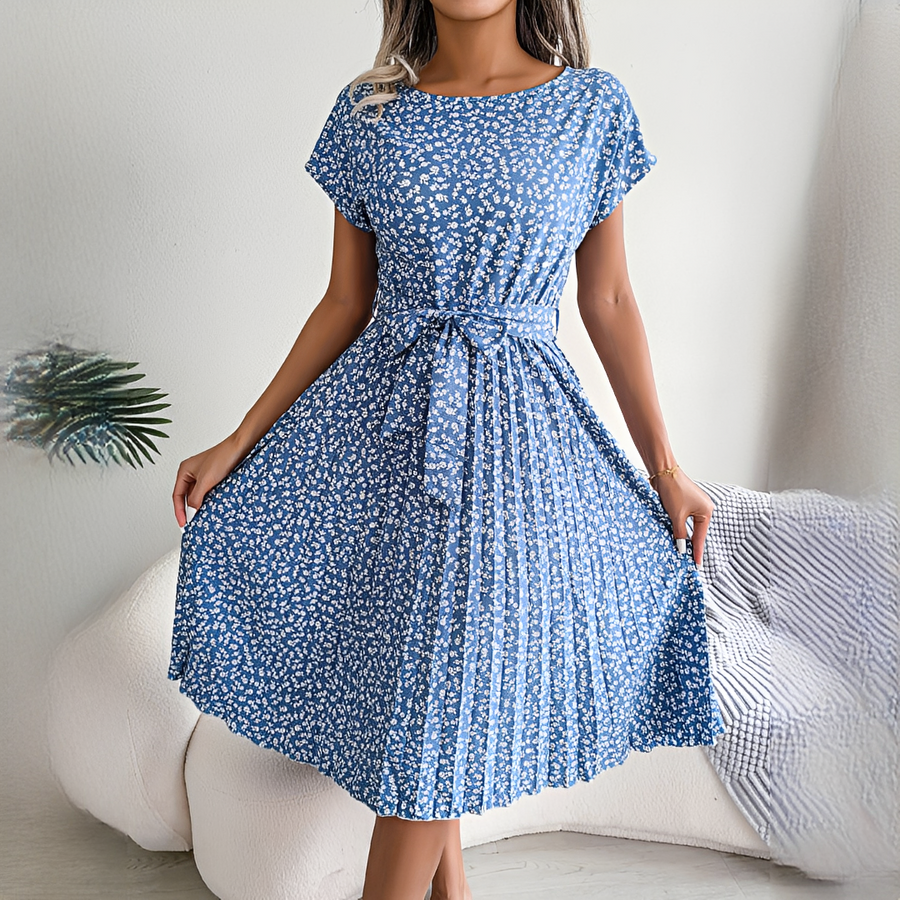 Sommerkleid Damen | Plissiertes Midi mit Bindegürtel & Blumenmuster