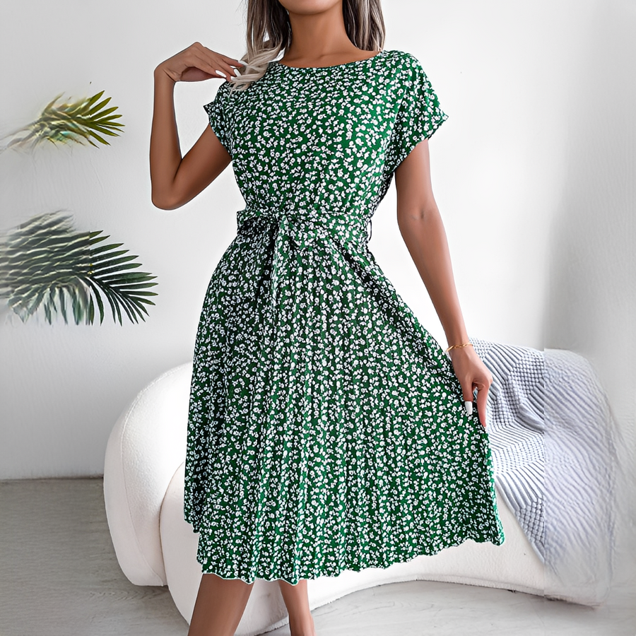 Sommerkleid Damen | Plissiertes Midi mit Bindegürtel & Blumenmuster