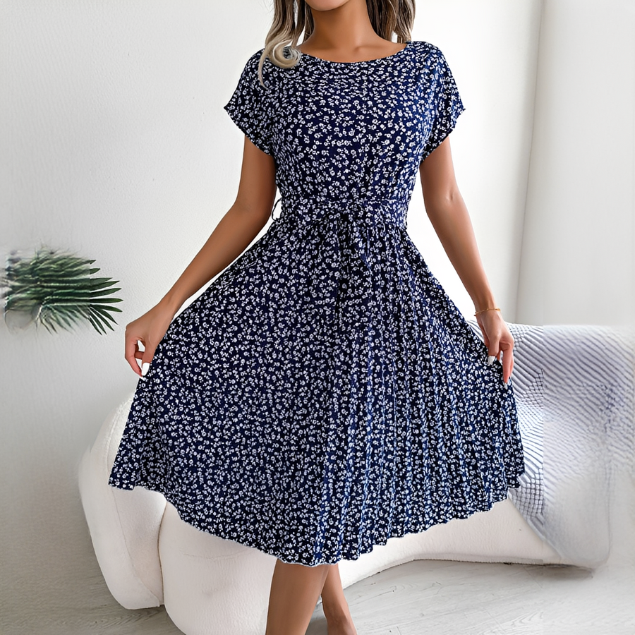 Sommerkleid Damen | Plissiertes Midi mit Bindegürtel & Blumenmuster