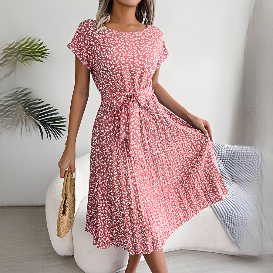 Sommerkleid Damen | Plissiertes Midi mit Bindegürtel & Blumenmuster