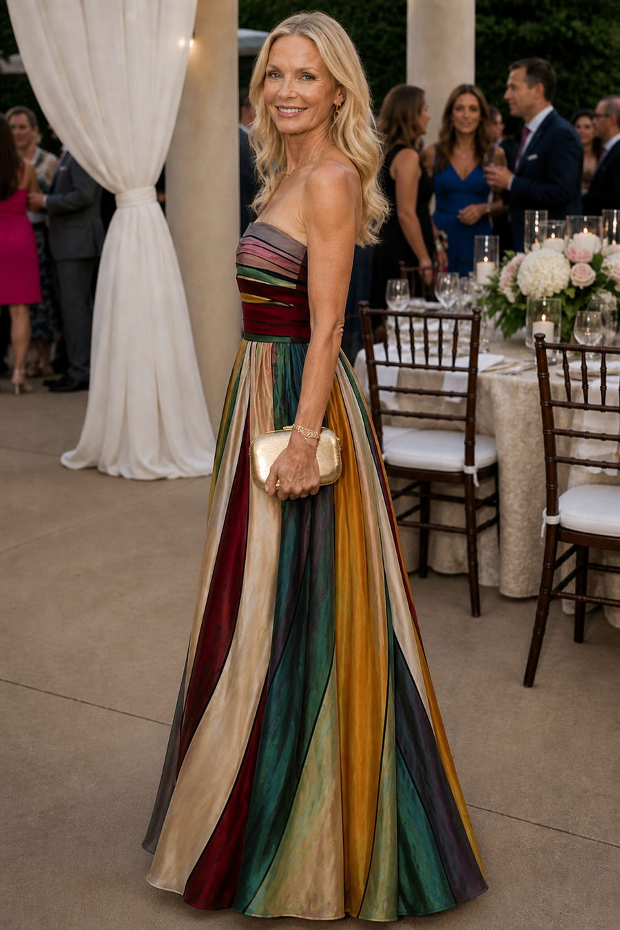 Maxikleid Damen | Trägerloses Bandeau & Bunter Streifenrock