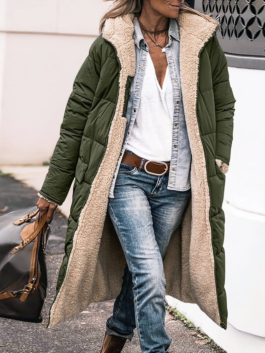 Steppmantel Damen Lang mit Teddyfutter und Kapuze