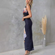 Tara- Damen Maxikleid mit asymmetrischem Ausschnitt und floralen