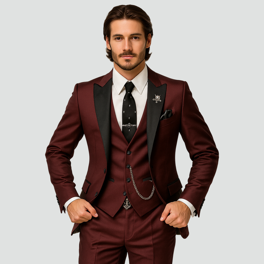 Dreiteiliger Herrenanzug in Slim Fit – Elegante Weste mit Satinrevers für formelle Hochzeiten