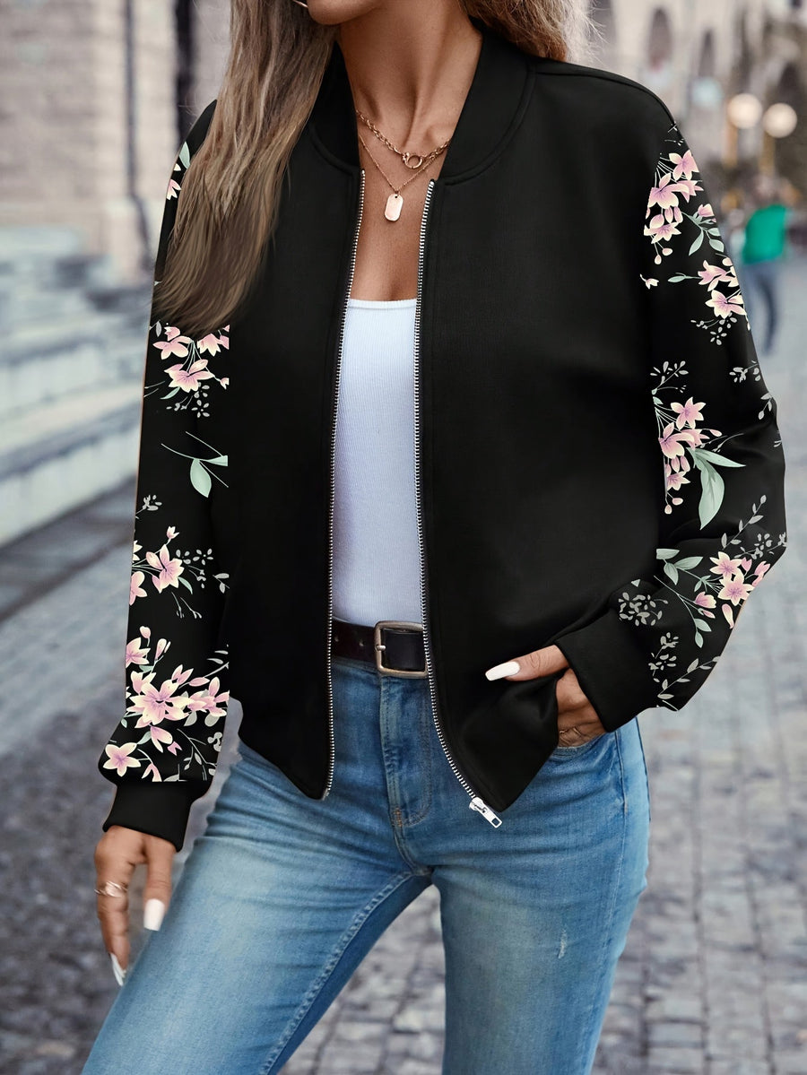 Übergangsjacke Damen | Bomberjacke Damen | Blumenprint-Ärmel & Zipper für schnellen Style