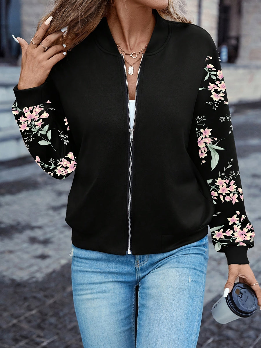 Übergangsjacke Damen | Bomberjacke Damen | Blumenprint-Ärmel & Zipper für schnellen Style