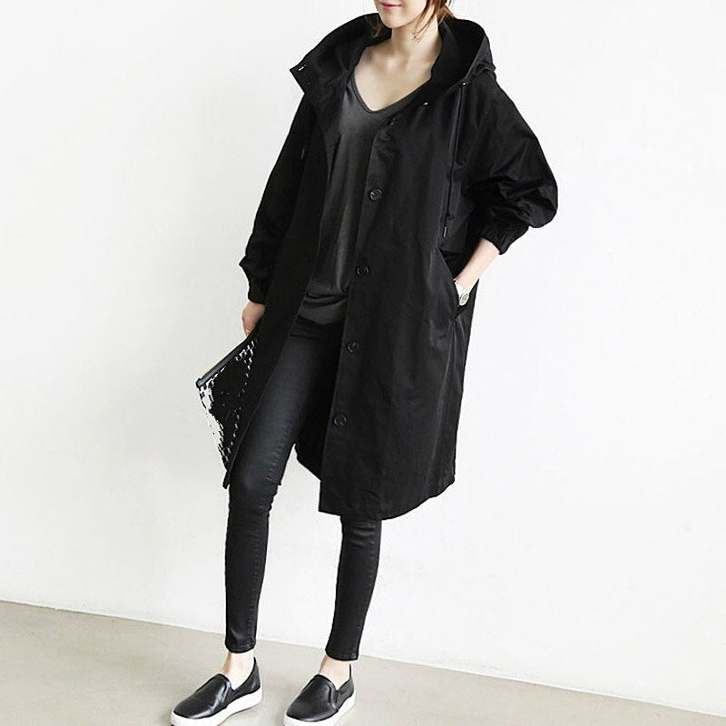 Übergangsjacke Damen | Lange Jacke Damen | Kapuze & Knopfleiste für flexiblen Schutz