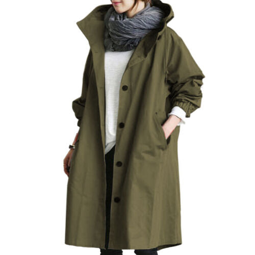 Übergangsjacke Damen | Lange Jacke Damen | Kapuze & Knopfleiste für flexiblen Schutz