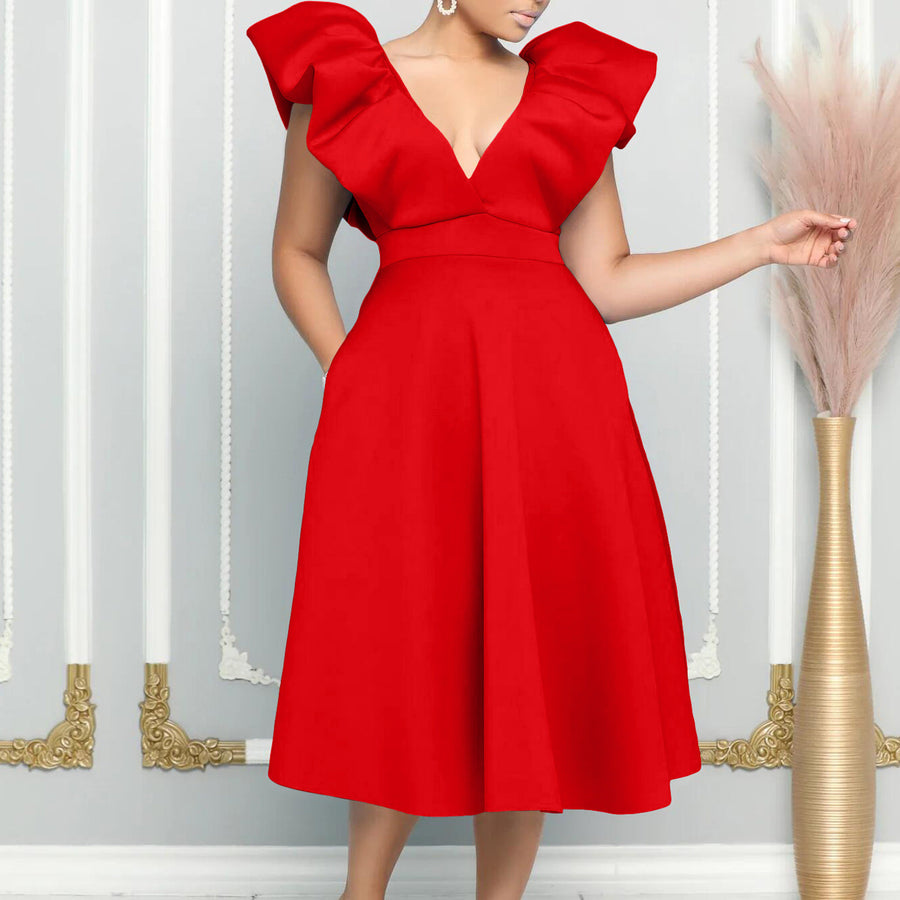 Umay- Damen A-Linien Kleid mit elegantem V-Ausschnitt