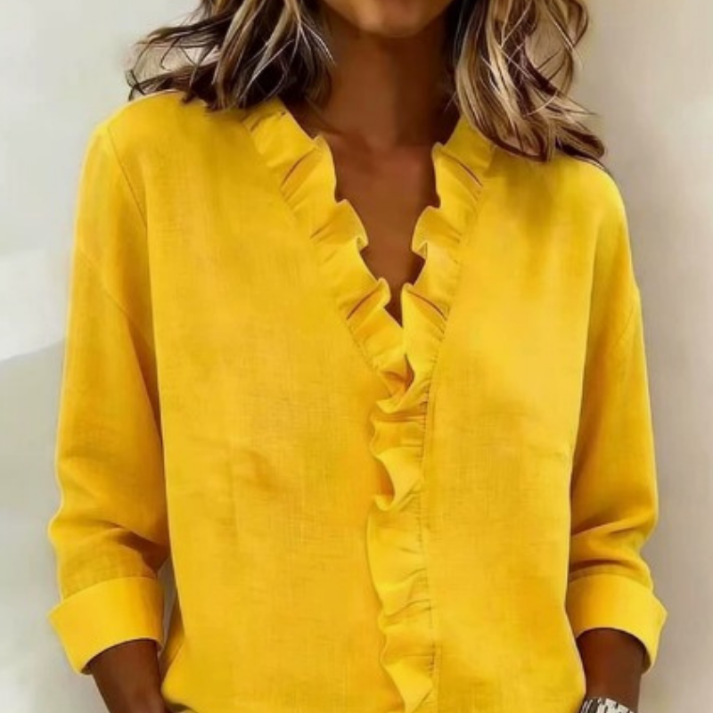 Indie Bluse Damen mit Rüschen, V-Ausschnitt & langen Ärmeln