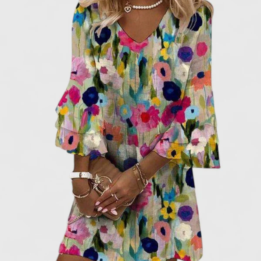 Gudrun | Damen Blumen V-Ausschnitt Mini Kleid