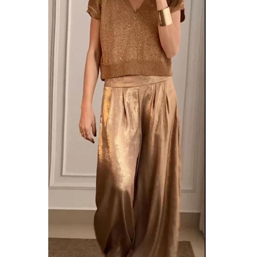 Chloe - Hoch taillierte Hose aus Satin mit weitem Bein | Glamorous Comfort Hose damen