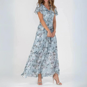 Chiffon Maxikleid mit V-Ausschnitt & floralem Muster – Elegant & Luftig