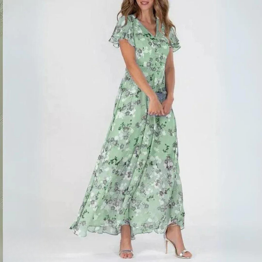 Chiffon Maxikleid mit V-Ausschnitt & floralem Muster – Elegant & Luftig