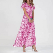Chiffon Maxikleid mit V-Ausschnitt & floralem Muster – Elegant & Luftig