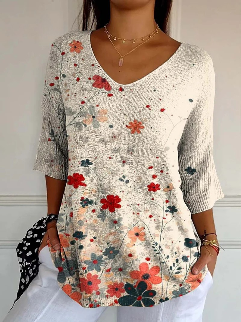 Amira-Marie® | Damen Vintage Blumenmuster Kunstdruck Lässiger Strickpullover