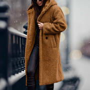 Damen Teddy-Mantel mit Kapuze – Langer, kuscheliger Wintermantel für kalte Tage, ideal für elegante Freizeitlooks