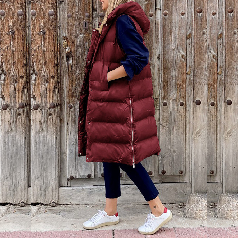 Lange gesteppte Damenweste mit Kapuze – Warme, ärmellose Weste für Herbst und Winter, ideal für lässige Outdoor-Looks