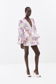 Kurzes Blumenkleid mit Puffärmeln und tiefem V-Ausschnitt für Damen
