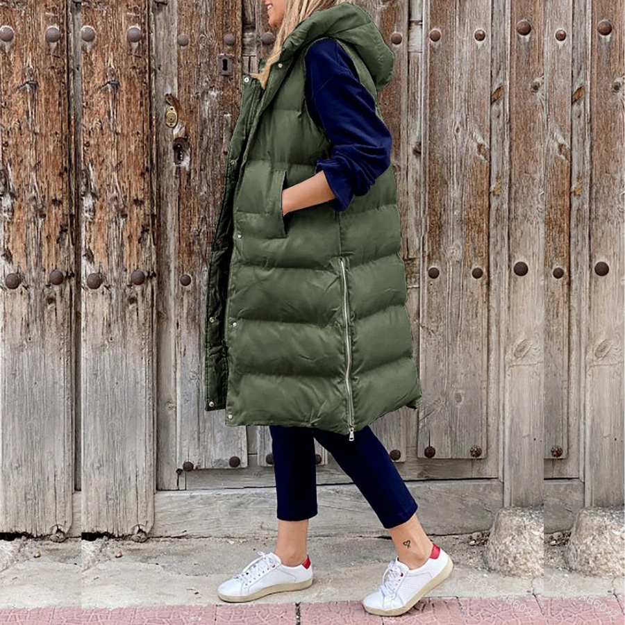 Lange gesteppte Damenweste mit Kapuze – Warme, ärmellose Weste für Herbst und Winter, ideal für lässige Outdoor-Looks