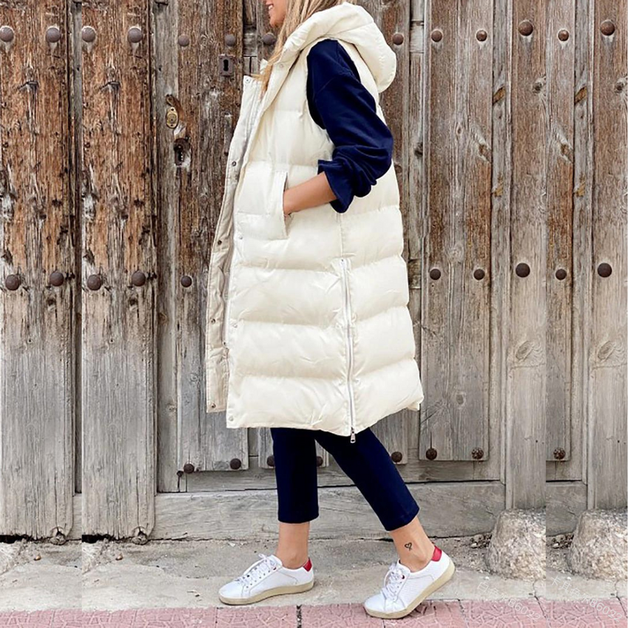 Lange gesteppte Damenweste mit Kapuze – Warme, ärmellose Weste für Herbst und Winter, ideal für lässige Outdoor-Looks