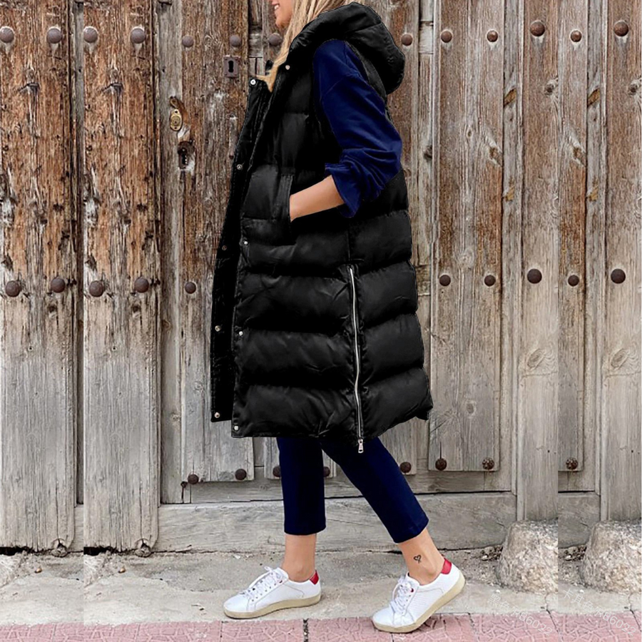 Lange gesteppte Damenweste mit Kapuze – Warme, ärmellose Weste für Herbst und Winter, ideal für lässige Outdoor-Looks