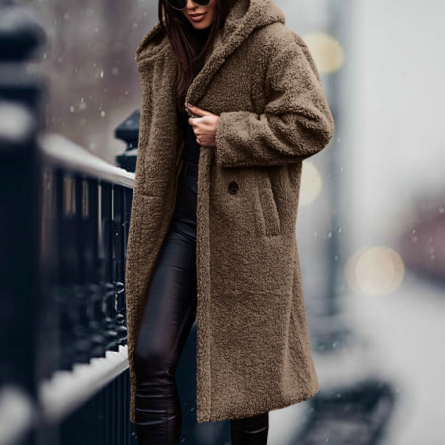 Damen Teddy-Mantel mit Kapuze – Langer, kuscheliger Wintermantel für kalte Tage, ideal für elegante Freizeitlooks