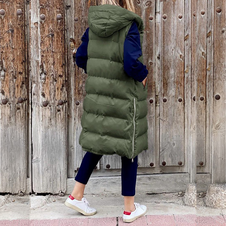 Lange gesteppte Damenweste mit Kapuze – Warme, ärmellose Weste für Herbst und Winter, ideal für lässige Outdoor-Looks