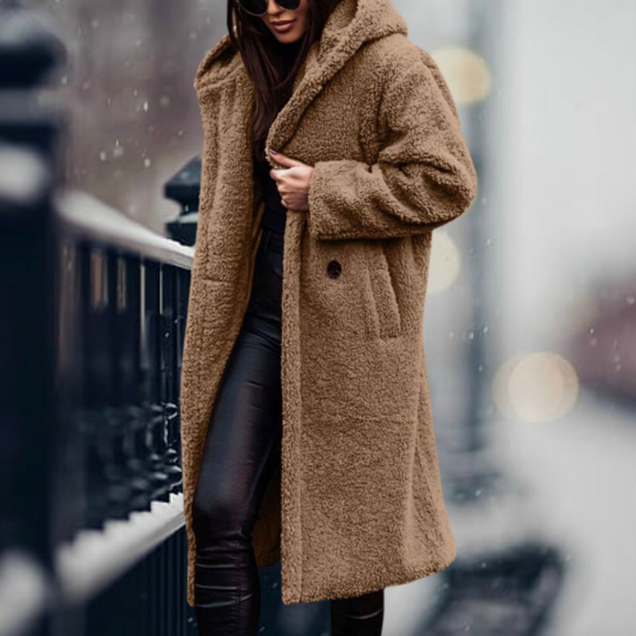Damen Teddy-Mantel mit Kapuze – Langer, kuscheliger Wintermantel für kalte Tage, ideal für elegante Freizeitlooks