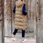 Lange gesteppte Damenweste mit Kapuze – Warme, ärmellose Weste für Herbst und Winter, ideal für lässige Outdoor-Looks