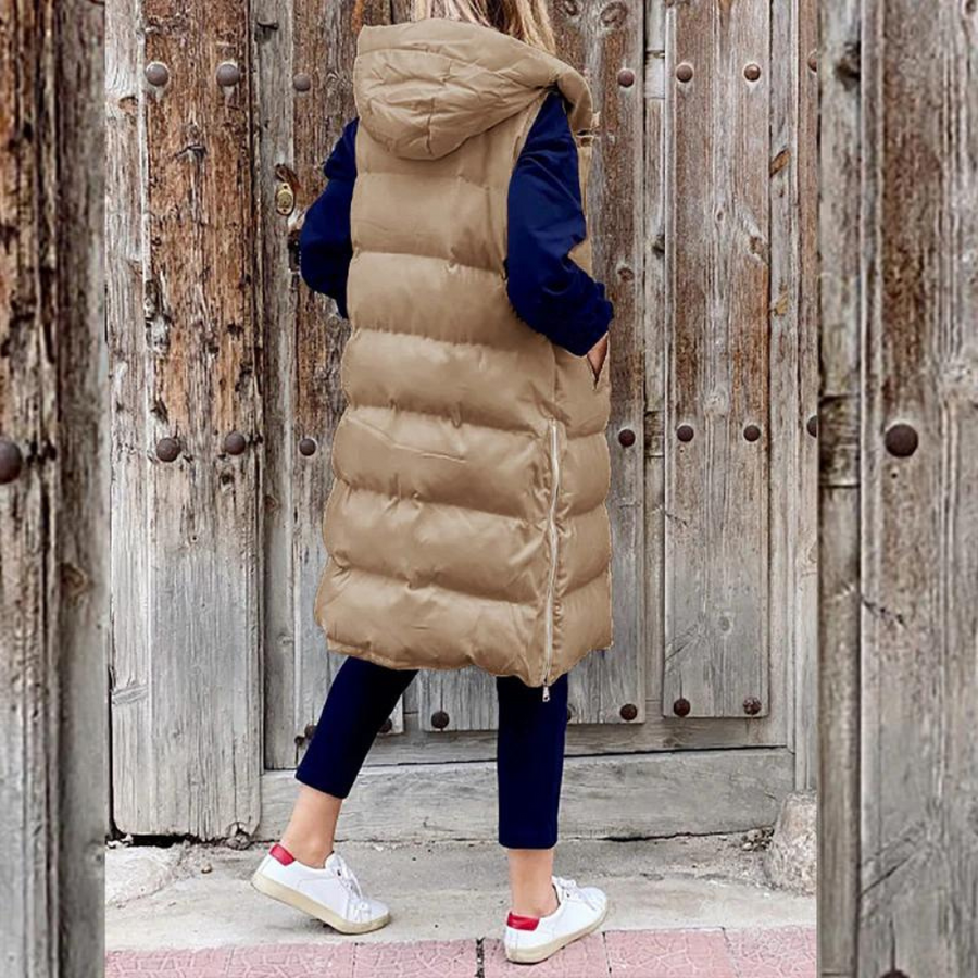 Lange gesteppte Damenweste mit Kapuze – Warme, ärmellose Weste für Herbst und Winter, ideal für lässige Outdoor-Looks