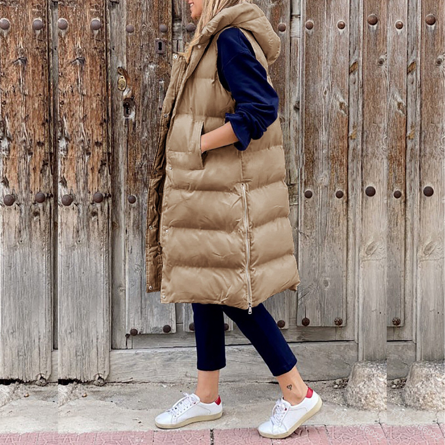 Lange gesteppte Damenweste mit Kapuze – Warme, ärmellose Weste für Herbst und Winter, ideal für lässige Outdoor-Looks