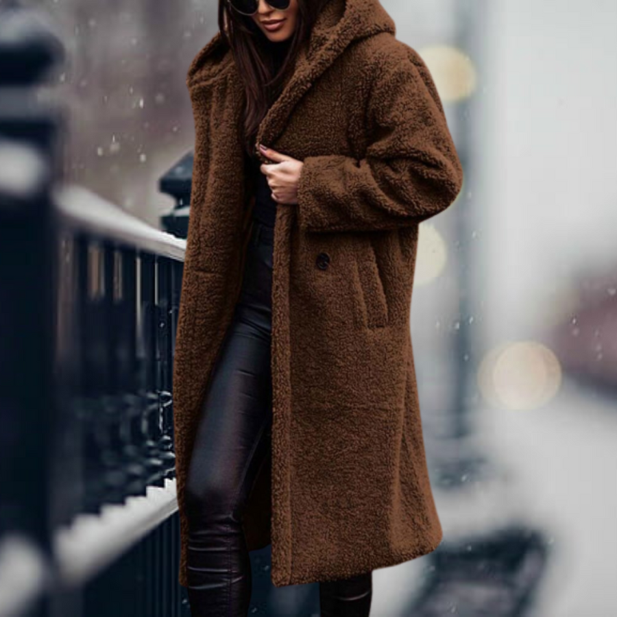 Damen Teddy-Mantel mit Kapuze – Langer, kuscheliger Wintermantel für kalte Tage, ideal für elegante Freizeitlooks