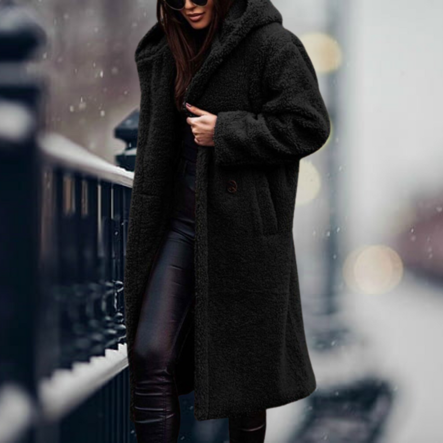 Damen Teddy-Mantel mit Kapuze – Langer, kuscheliger Wintermantel für kalte Tage, ideal für elegante Freizeitlooks