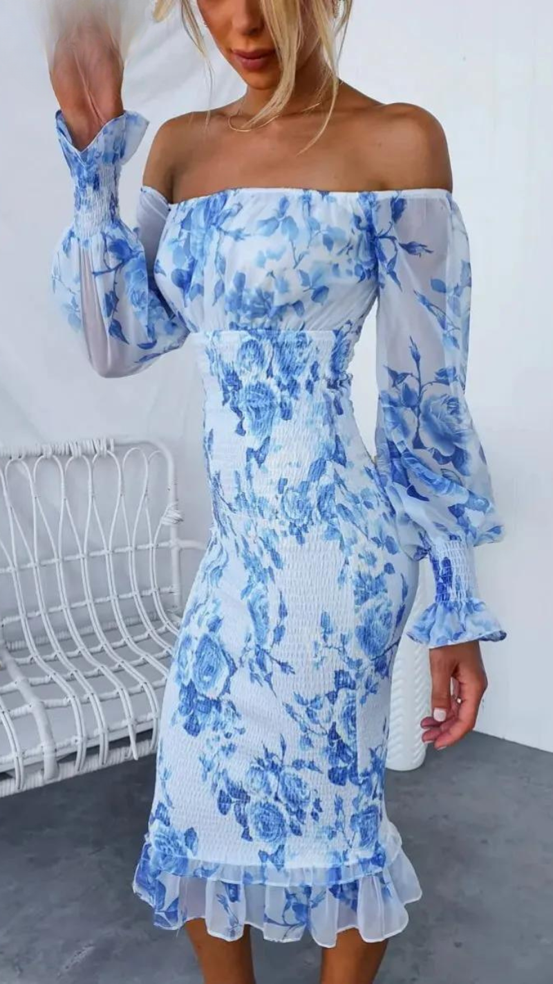 Romantisches Off-Shoulder Bodycon Kleid mit Blumenprint – Figurbetontes Midikleid in Rosa für Sommer & Events