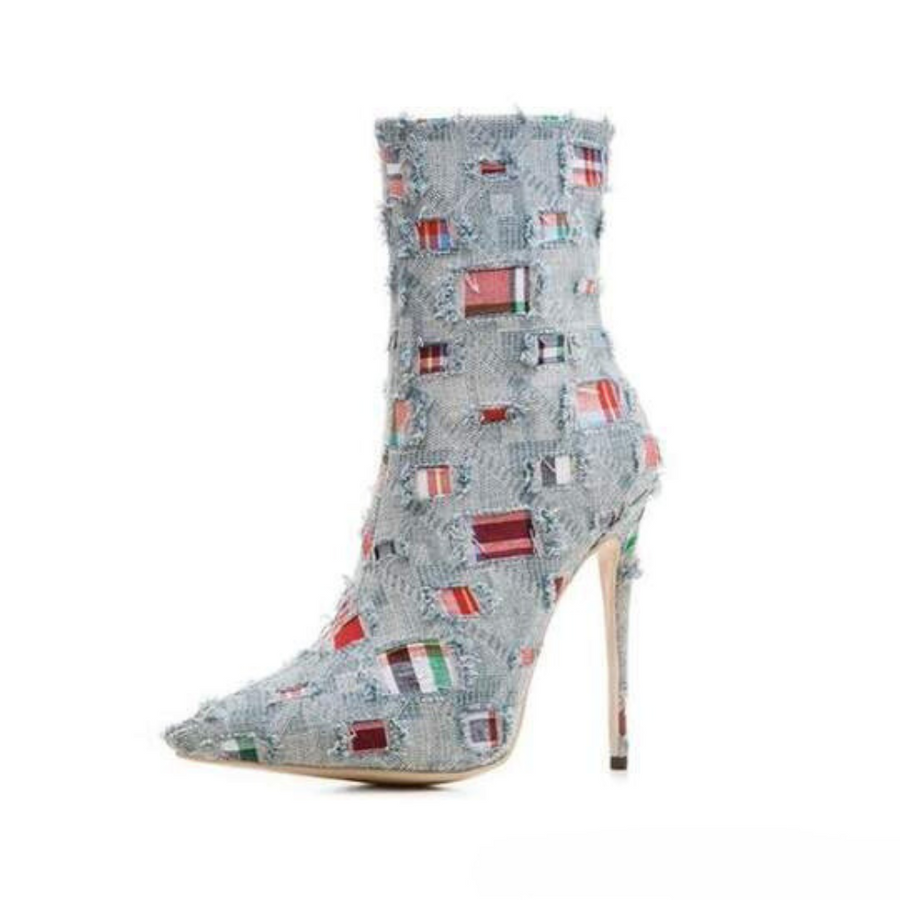Damen-Stiefeletten mit Patchwork-Design und Stilettoabsatz – Stylische High-Heel-Boots für den besonderen Look